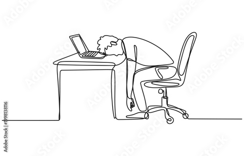 Person collapsed on office chair at desk with laptop continuous line drawing single line one white background mental health dead tired collapsed continuous exhausted overworked