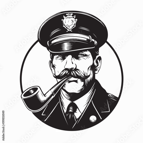 Police Officer Portrait with Pipe in Uniform Vector Design On White Background