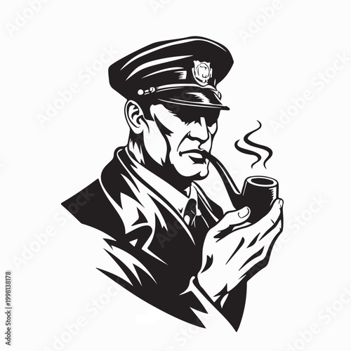 Police Officer Portrait with Pipe in Uniform Vector Design On White Background