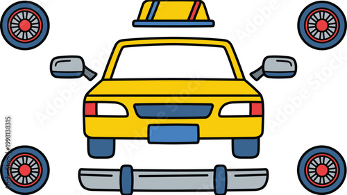 Taxi Car Parts Vector Illustration Featuring Front View Vehicle with Wheels Bumper Mirrors and Roof Sign Isolated for Transportation Design and Repair Concepts