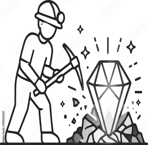 A miner who is breaking rocks and finds a large sparkling gem or diamond, the concept of natural resource management.