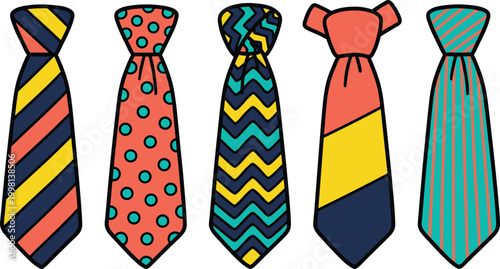 Colorful Necktie Collection Vector Illustration Featuring Striped Polka Dot Zigzag and Modern Patterned Ties for Fashion Accessories and Formal Wear Design