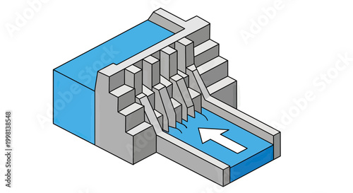 Isometric vector illustration of a hydroelectric dam structure with water flowing through spillway gates, representing renewable energy production and water management infrastructure.