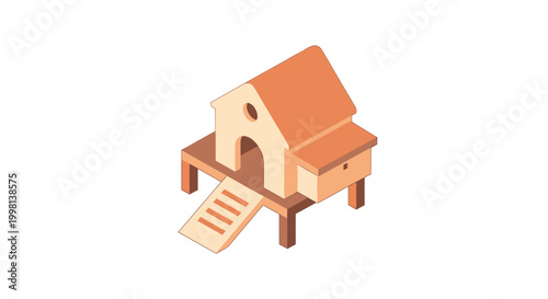 Isometric wooden chicken coop or hen house illustration for poultry farming isolated on white background