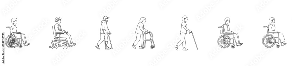 Obraz premium Side View Disabled and Elderly People White Fill Set, Wheelchair Users and Walking Aid Characters with Clean Solid Shapes for Accessibility and Architectural Elevation Vector