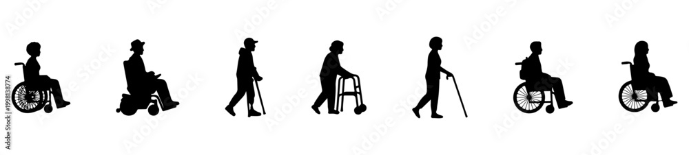 Naklejka premium Side View Disabled and Elderly People Silhouette Set, Wheelchair Users and Walking Aid Black Figures Collection for Accessibility and Architectural Elevation Illustration