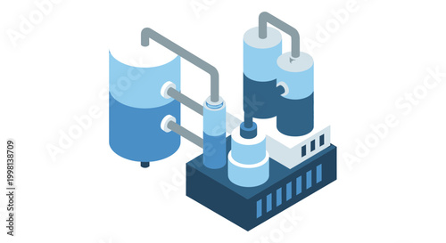 Isometric Vector Illustration of Industrial Chemical Plant or Oil Refinery Equipment with Tanks and Pipes