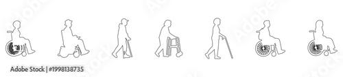 Side View Disabled and Elderly People Outline Set, Wheelchair Users and Walking Aid Line Art Characters for Accessibility, Healthcare and Architectural Elevation Vector Design