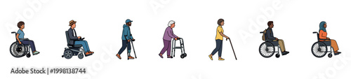 Side View Disabled and Elderly People Set, Diverse Wheelchair Users and Walking Aid Characters Collection for Accessibility, Healthcare and Architectural Elevation Vector Illustration