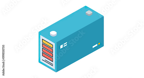 Isometric Vector Illustration of a Blue Rechargeable Battery Cell with Charge Level Indicator
