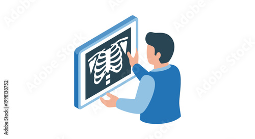 Isometric Illustration of a Doctor Examining a Chest X-ray on a Digital Tablet Screen for Medical Diagnosis
