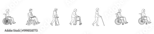 Side View Disabled and Elderly People White Fill Set, Wheelchair Users and Walking Aid Characters with Clean Solid Shapes for Accessibility and Architectural Elevation Vector