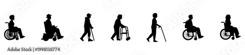 Side View Disabled and Elderly People Silhouette Set, Wheelchair Users and Walking Aid Black Figures Collection for Accessibility and Architectural Elevation Illustration