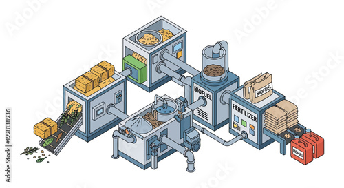 Isometric Illustration of a Sustainable Biofuel and Fertilizer Production Plant Processing Organic Biomass Waste