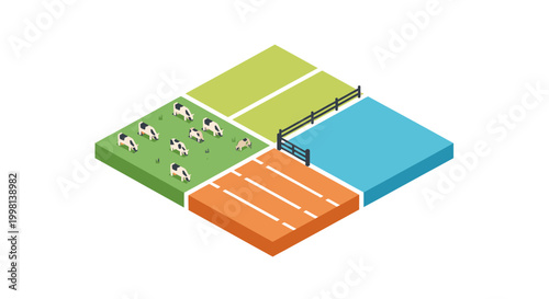Isometric Vector Illustration of Agricultural Farm Tiles Featuring Cows in Pasture, Plowed Soil, and Water Pond