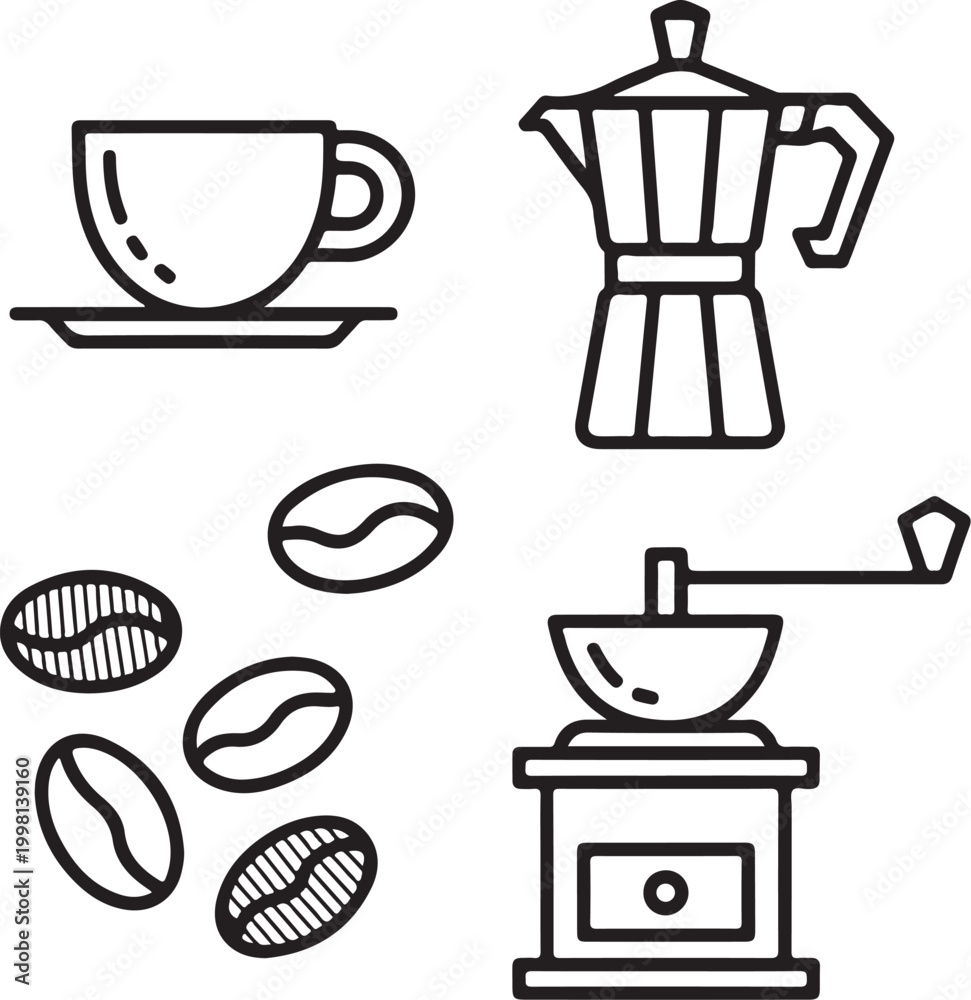 Obraz premium Coffee Elements Set Clip-art (Coffee Beans, Grinder, Pot, Cup) Hand-drawn Sketch Drawing Vector Illustration, Line Linear Symbol Black and White Engraving, Isolated
