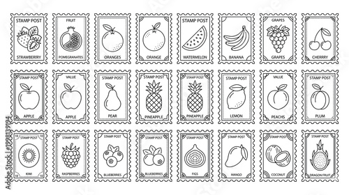 Outline set of fruit postage stamps vector illustration in line style.