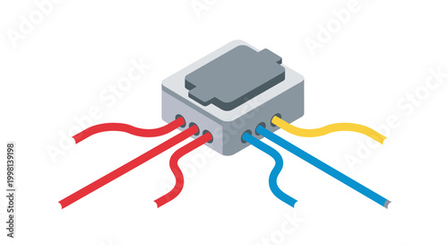 Isometric vector illustration of an electrical junction box with red, blue, and yellow wires connected to a gray distribution block isolated on white background.