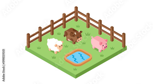Isometric Farm Animals Vector Illustration with Cow, Pig, and Sheep in a Fenced Meadow