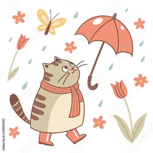 Cute Funny Chonky cat, accessorized with with a scarf, in a Spring world – Blooming Renewal palette vector