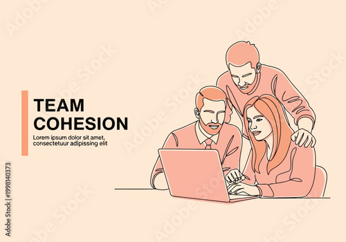 Team cohesion concept illustration with business people working together on laptop in continuous line art style
