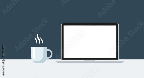 Workplace comfort a warm cup of coffee next to a modern laptop with a blank screen on a desk