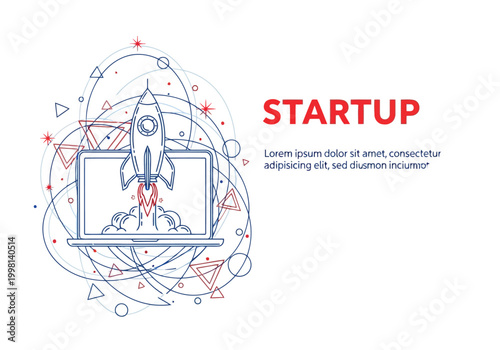 Startup business concept with rocket launching from laptop screen new project development, innovation and technology idea