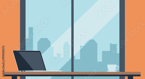 Modern flat design illustration of a home office desk with a laptop and coffee cup, offering a serene view of a city skyline through a large window, symbolizing remote work and urban productivity
