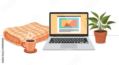 Embracing the digital age with a cozy home office setup, featuring a laptop, warm drink, and comforting blanket for a productive and relaxed remote work experience