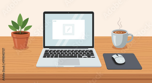 A wooden desk with a laptop, mouse, plant, and coffee cup creating a workspace