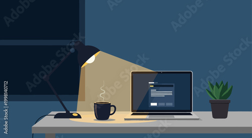 Cozy home office scene with a laptop and coffee mug illuminated by a desk lamp at night