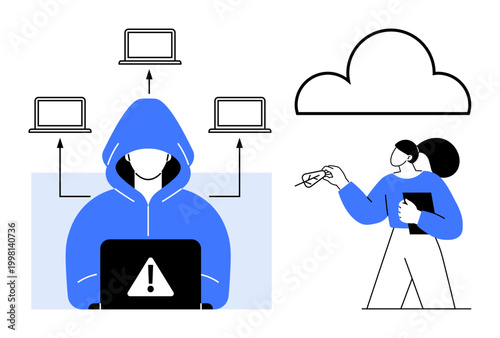 Data security, hacking, cloud computing, online threats, phishing, system vulnerability. A hooded figure with laptop and alert icon, connected to computers and cloud. Cybersecurity and hacking