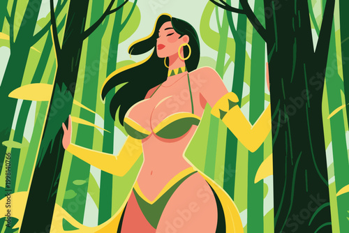Sexy Woman Vector Nature Forest Guardian Illustration Creative Design Template 