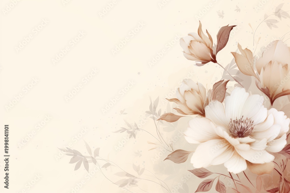 Fototapeta premium Watercolor style floral arrangement showcasing blooming flowers with leaves on a light beige background