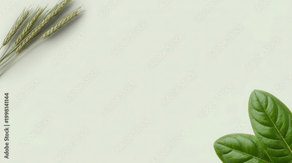 Obraz premium Elegant Nature Composition with Green Leaves and Wheat Stems on Neutral Background