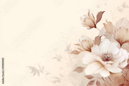 Watercolor style floral arrangement showcasing blooming flowers with leaves on a light beige background