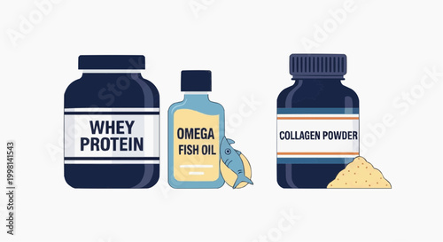 Dietary supplement vector set, whey protein jar and omega fish oil bottle, collagen powder container with scoop, fitness nutrition icons