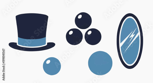 Vintage magic show performance icons, magician top hat and juggling balls vector set, circus entertainment and illusionist props in blue