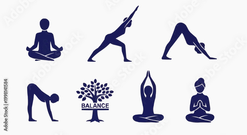 Yoga poses silhouette icons set, navy blue meditation and wellness symbols, 7 vector elements for fitness and mental health branding