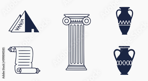 Ancient history icon set with Greek column and Egyptian pyramid, antique amphora vases and paper scroll, 5 vector archaeology symbols