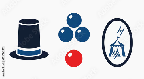 Circus entertainment vector icons set, magician top hat and juggling balls, carnival big top tent symbol, blue and red performance graphics
