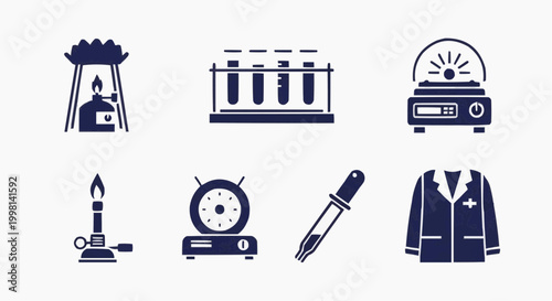 Scientific laboratory equipment icon set, chemistry research tools and lab glassware symbols, medical testing apparatus vector illustrations