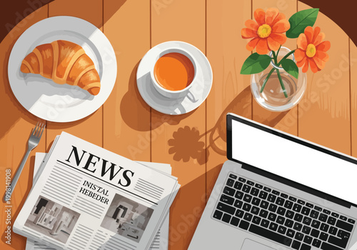 Fotografía Vector illustration of a cozy morning workspace with breakfast, news, and a comp