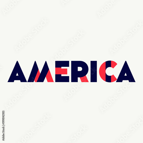 America 250th Anniversary and Soccer World Cup Vector Text Design. Modern geometric vector lettering of the word "AMERICA" in classic navy blue and red colors. Minimalist bold typography