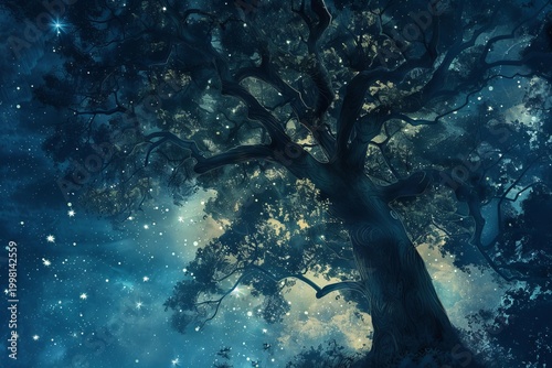 Large tree reaching up into the night sky filled with stars, creating a magical and enchanting atmosphere