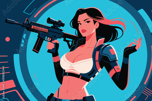 Beautiful Armed Female Hero Vector Illustration Creative Design Template 