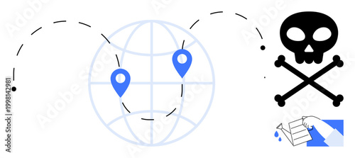 Data security, cybersecurity, global threats, information disposal, hacking prevention, digital tracking. A globe with map points, a skull symbol and a hand disposing of a document. Cybersecurity