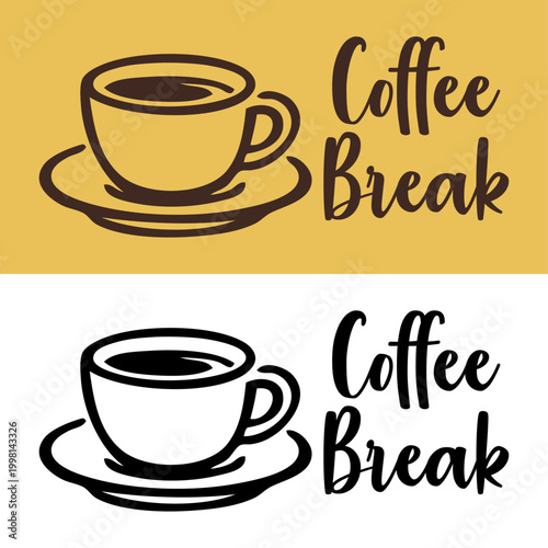 Logo cafetería. Versiones de un dibujo sencillo con líneas estilo vintage de una taza de café con su plato y texto Coffee Break 