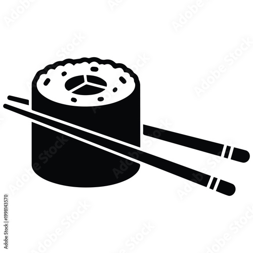 Japanese sushi roll with chopsticks silhouette icon for restaurant and food logo