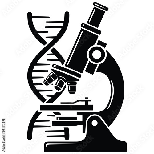 Scientific microscope with DNA helix silhouette icon for biotechnology and genetic research